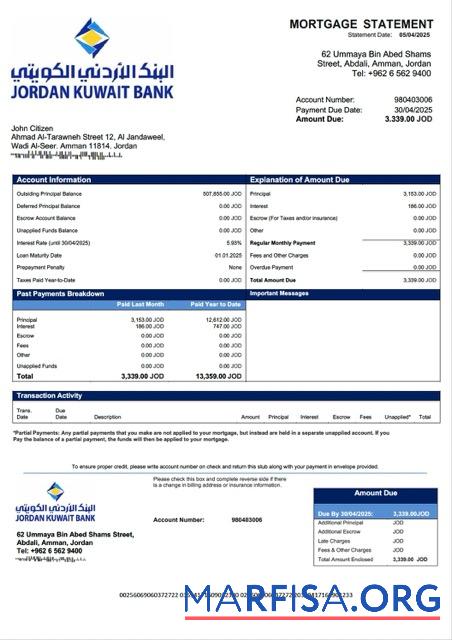 Blank Jordan Kuwait Bank mortgage statement Word and PDF template